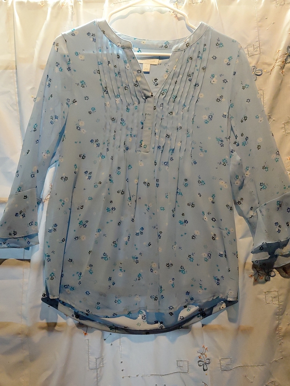 Charter Club Light Blue Floral Pintuck Blouse